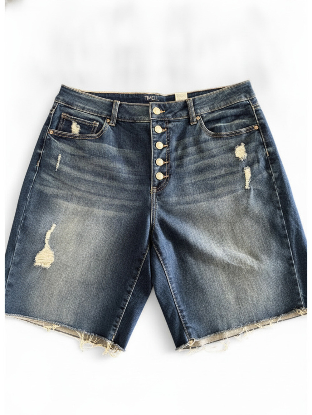 Time and Tru Women's High Rise Denim Shorts, Size 16, Blue/Navy Distressed